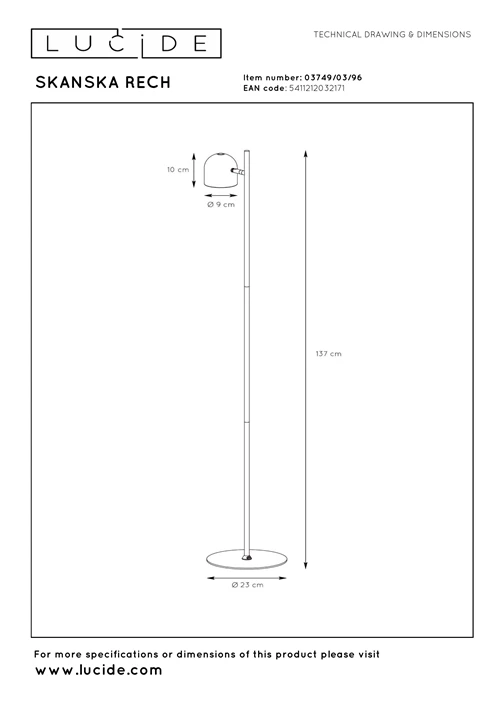 Lucide SKANSKA RECH - Lámpara de suelo Recargable Dentro/Fuera - Batería/acumulador - Ø 23 cm - LED Regul. - CCT - 1x3W 3000K/6000K - IP44 - Café - técnico